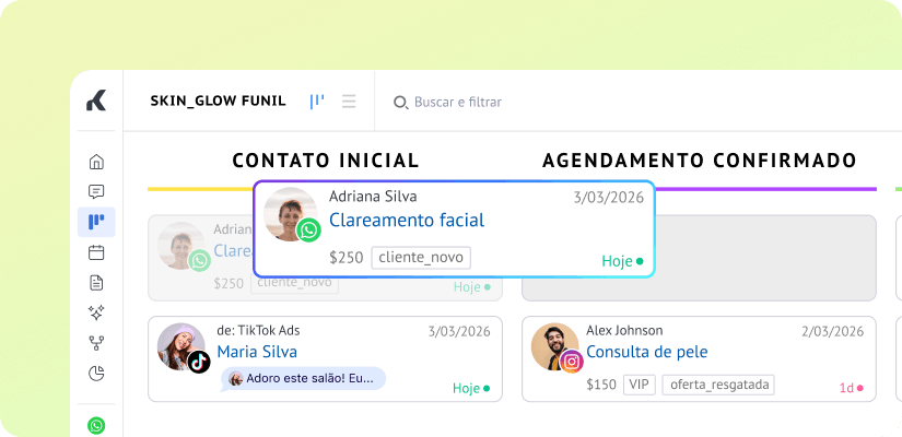 Funil do Kommo com cards de paciente por etapa